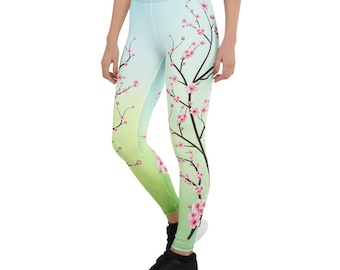 Women's Cherry Blossom Leggings, Floral Yoga Pants, Women’s Gym Leggings, Fitness Activewear