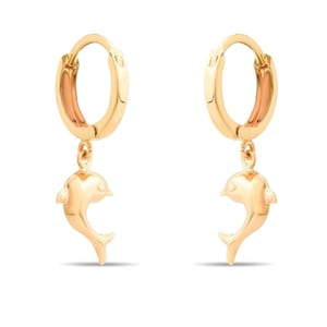 14ct Gold Dolphin Earrings: Huggie Hoop Charm Earrings