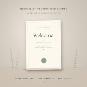 Peut inclure: Un modèle de panneau de bienvenue pour mariage rectangulaire avec un fond crème, du texte sombre indiquant Welcome, Amelia & Julien, Saturday, the twelfth of September, et un petit sceau circulaire vert sauge au centre avec des lignes fines.