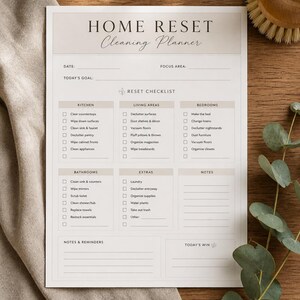 Peut inclure: Un planificateur de nettoyage Home Reset imprimé sur papier blanc avec des en-têtes beiges. Le document comprend des sections pour la date, la zone de travail et l'objectif, suivies d'une liste de contrôle pour cuisine, salon, chambres et salle de bain.