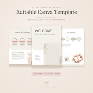 Peut inclure: Un modèle Canva modifiable pour un dossier d'accueil client, présentant trois mises en page avec des tons beige et vert sourd. Le texte inclut 'CLIENT WELCOME PACKET', 'Editable Canva Template', 'WELCOME', 'Services and Offerings' et 'Our Process'.