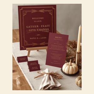 Friendsgiving Party Bundle, Editable Thanksgiving Dinner Invitation, Friendsgiving Decor, Welcome Sign Menu Place Cards, Canva Template