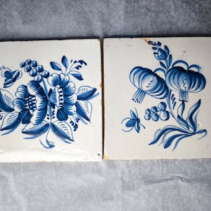 2 Antique 18th Century Delft Tiles - Blue and White tiles - Dutch Pottery - Holland Blueware Ceramic Tile - Handmade tile - Flower tiles
