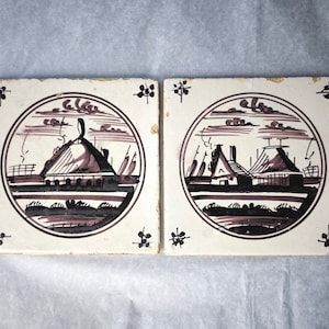 2 Antique 18th Century Delft Tiles - Dutch Pottery - Holland Ceramic Tile - Handmade tile Delft - Landscape tile