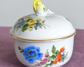 Azucarero de porcelana de Meissen con remate de rosa: flores pintadas a mano, caja de dulces alemana vintage dorada, regalo coleccionable