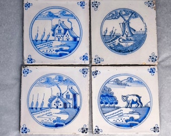 Azulejo antiguo de Delft del siglo XVIII - Azulejos azules y blancos - Cerámica holandesa - Azulejo de cerámica Holland Blueware - Azulejo hecho a mano