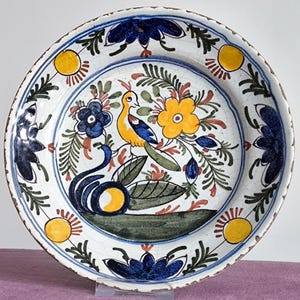 18th Century Delft Plate - HandPainted Collectible Delftware - Dutch Pottery Polychrome Wall Plate Bird and Floral decor Earthenware