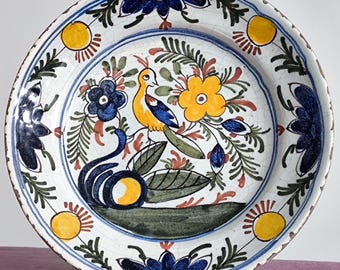 18th Century Delft Plate - HandPainted Collectible Delftware - Dutch Pottery Polychrome Wall Plate Bird and Floral decor Earthenware