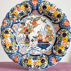 Antique 19th Century French Rouen Faience Plate, Hand-Painted Floral Design Rouen Pottery - 27 cm 10.6&quot; Collectible French Earthenware Plate