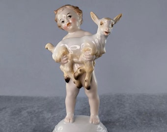 Rosenthal Porcelain Figurine: Putto with Kid- German Art Deco Masterpiece by Max H.D. Fritz- Vintage Germany Porcelain Figure gift idea