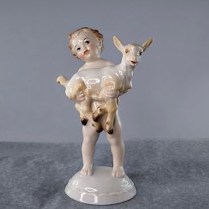 Rosenthal Porcelain Figurine: Putto with Kid- German Art Deco Masterpiece by Max H.D. Fritz- Vintage Germany Porcelain Figure gift idea