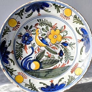 18th Century Delft Plate - HandPainted Collectible Delftware - Dutch Pottery Polychrome Wall Plate Bird and Floral decor Earthenware