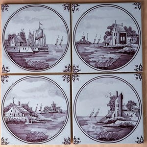 4 Vintage Delft Tiles - Dutch Pottery - Holland Ceramic Tiles Ships & Castles  Landscapes - Old Dutch Wall Tiles hand painted Delftware