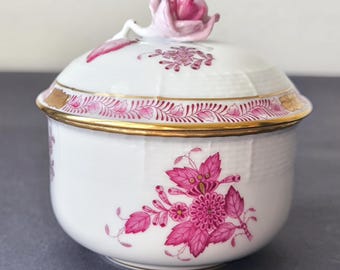 Herend Apponyi Pink Sugar Honey Pot With Rose Finial Lid, Chinese