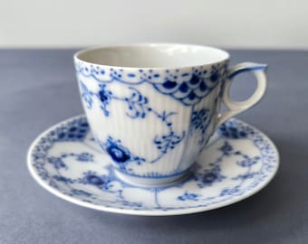 Royal Copenhagen Blue Fluted Half Lace Porcelain Cup & Saucer Denmark porcelain, fine porcelain, Royal Copenhagen #756 Danish porcelain gift