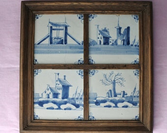 4 azulejos antiguos de Delft del siglo XVIII - Azulejos azules y blancos enmarcados - Cerámica holandesa - Azulejo de cerámica Holland Blueware - Azulejo hecho a mano