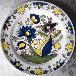 Large 18th Century Delft Plate- HandPainted Collectible Delftware- Authentic Dutch Pottery- Polychrome Wall Plate Floral decor Earthenware