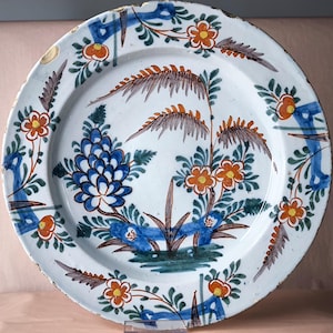 Large 18th Century Delft Plate- HandPainted Collectible Delftware- Authentic Dutch Pottery- Polychrome Wall Plate Floral decor Earthenware