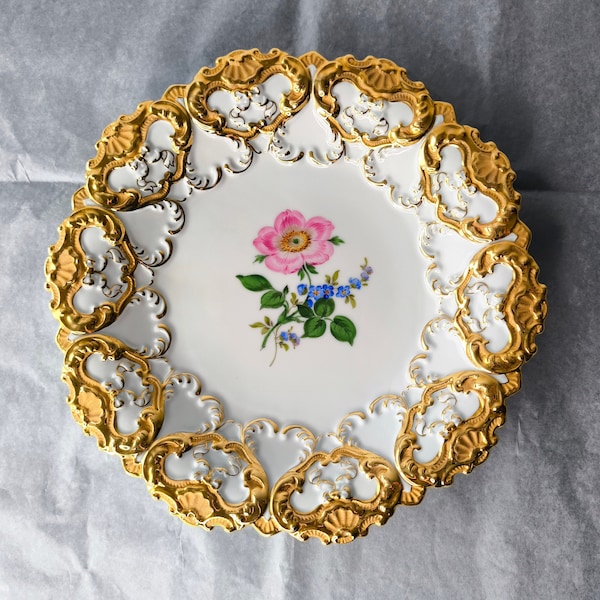 Assiette décorative en or Meissen Assiette épées croisées bleues, motif fleurs, porcelaine peinte à la main, cadeau de luxe en porcelaine de Meissen