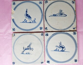 4 Antique 18th Century Delft Tiles - Blue and White tiles - Dutch Pottery - Holland Blueware Ceramic Tile - Handmade tile