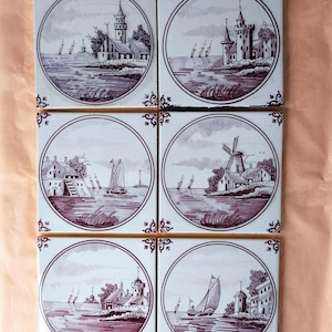 6 Vintage Delft Tiles - Dutch Pottery - Holland Ceramic Tiles Ships & Castles  Landscapes - Old Dutch Wall Tiles hand painted Delftware