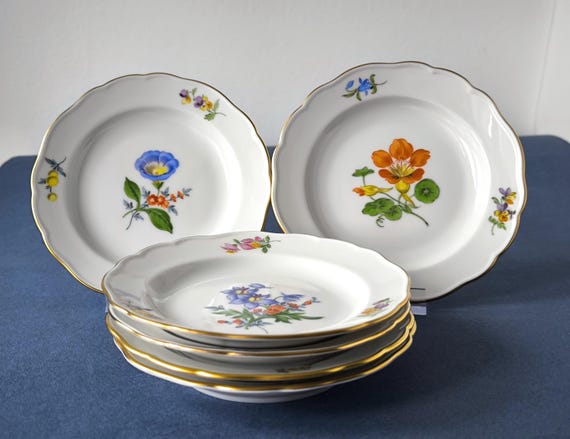 1 X Meissen Plate Blue Crossed Swords Flowers Motive Hand Painted
