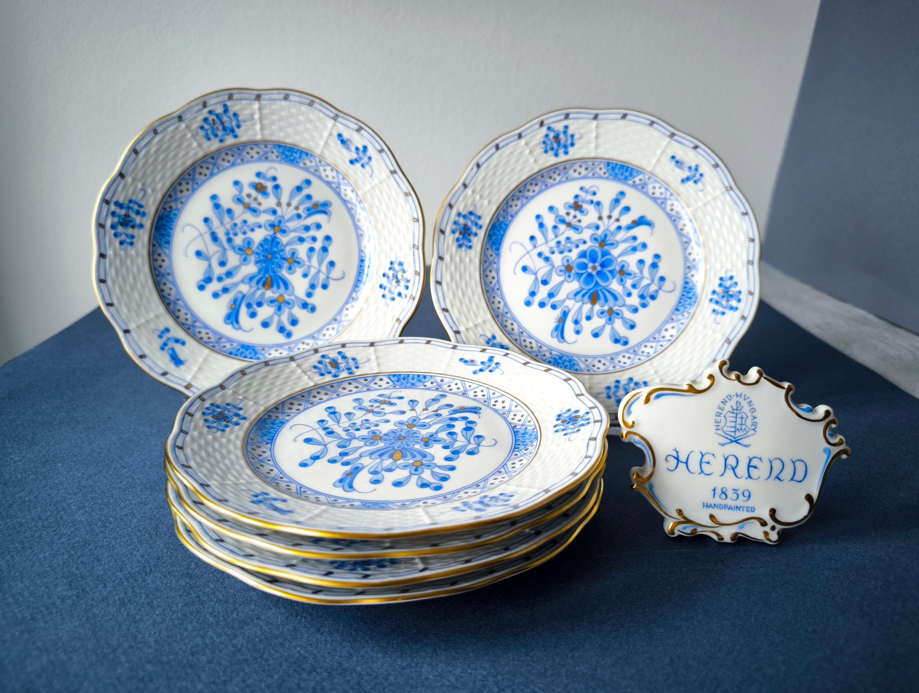 6 Pcs Herend Waldstein Blue Pattern Handpainted Plates - Herend