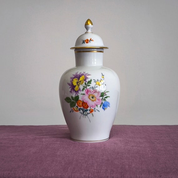 Gift of Luxury: Meissen Porcelain Vase With Floral Motif - Hand Painted Flowers Vase With Blue Crossed Swords - Vintage Meissen Germany