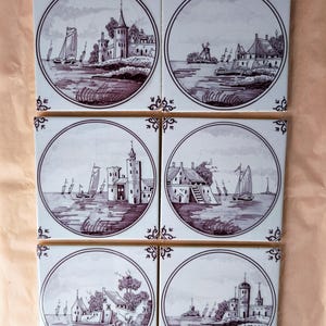 6 Vintage Delft Tiles - Dutch Pottery - Holland Ceramic Tiles Ships & Castles  Landscapes - Old Dutch Wall Tiles hand painted Delftware