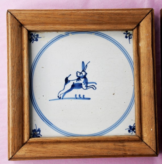 アンティーク 18 世紀デルフト タイル - フレーム付き青と白のタイル