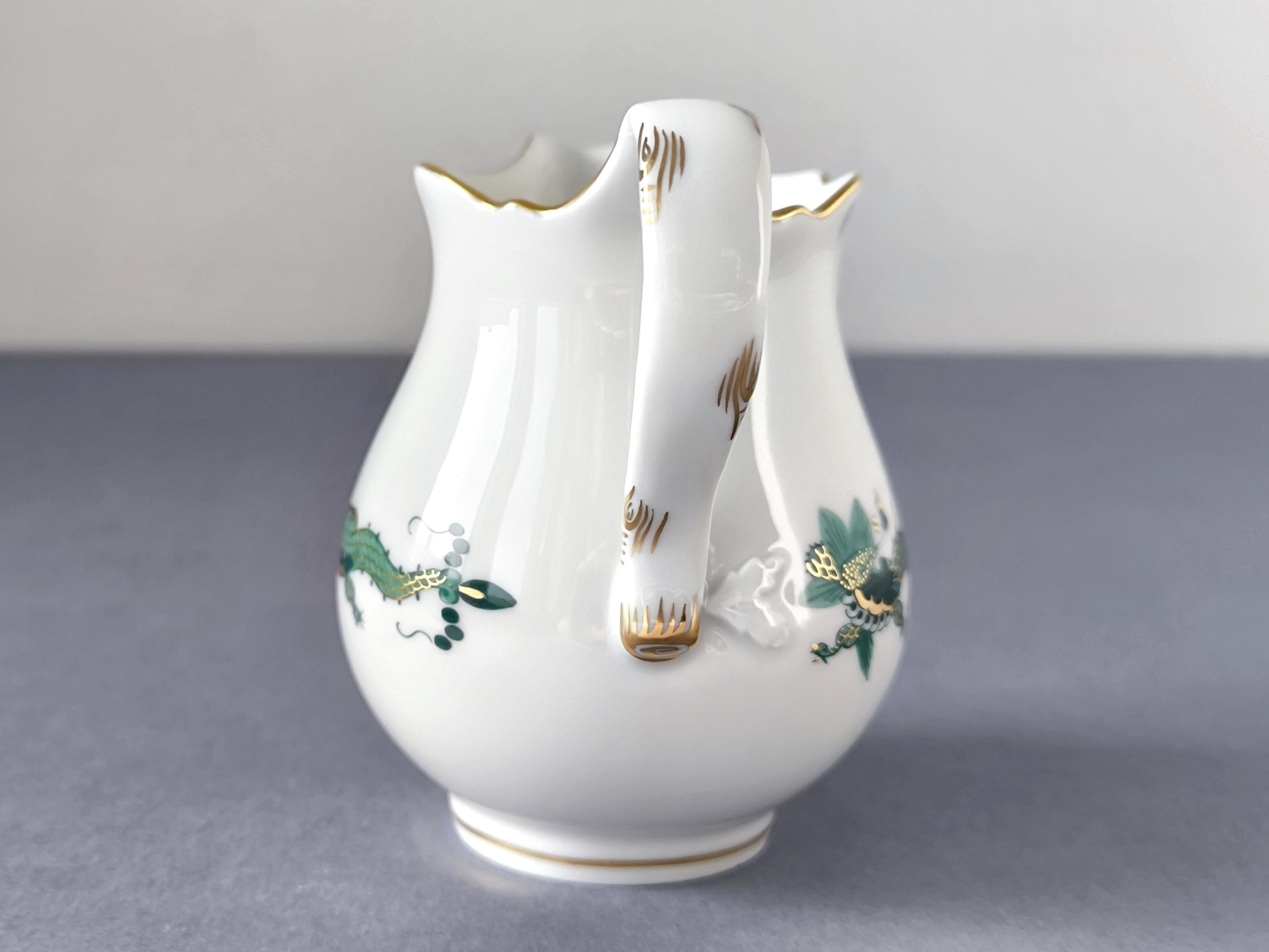 Meissen Porcelain Creamer: Hand Painted Green Dragon Design, Blue
