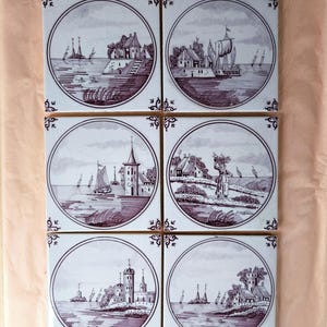 6 Vintage Delft Tiles - Dutch Pottery - Holland Ceramic Tiles Ships & Castles  Landscapes - Old Dutch Wall Tiles hand painted Delftware