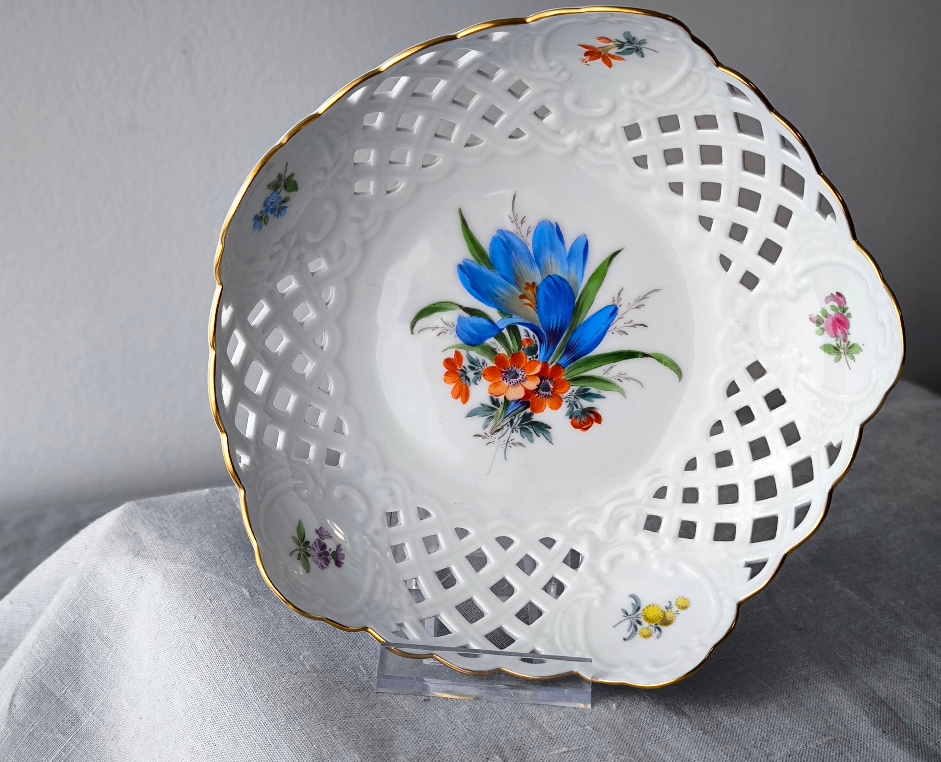 Meissen Reticulated Bowl with Floral Design and Gold Trim- Meissen Blue Crossed Swords Hand Painted porcelain- Meissen luxury Porcelain gift