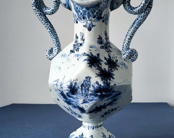 Rare Delft Vase c.1760 by Paulus van der Burgh, Antique Dutch Faience Amphora, Hand-Painted Cobalt Blue Pastoral Scene, PB Monogram, 33cm