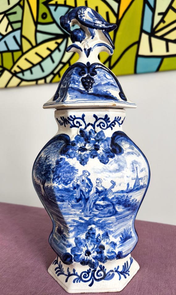 オランダ　デルフト陶器　デルフトブルー　花器　花瓶　インテリア 18 世紀のデルフトブルーの花瓶、De Lampetkan LPK 作 – 本物の手描き