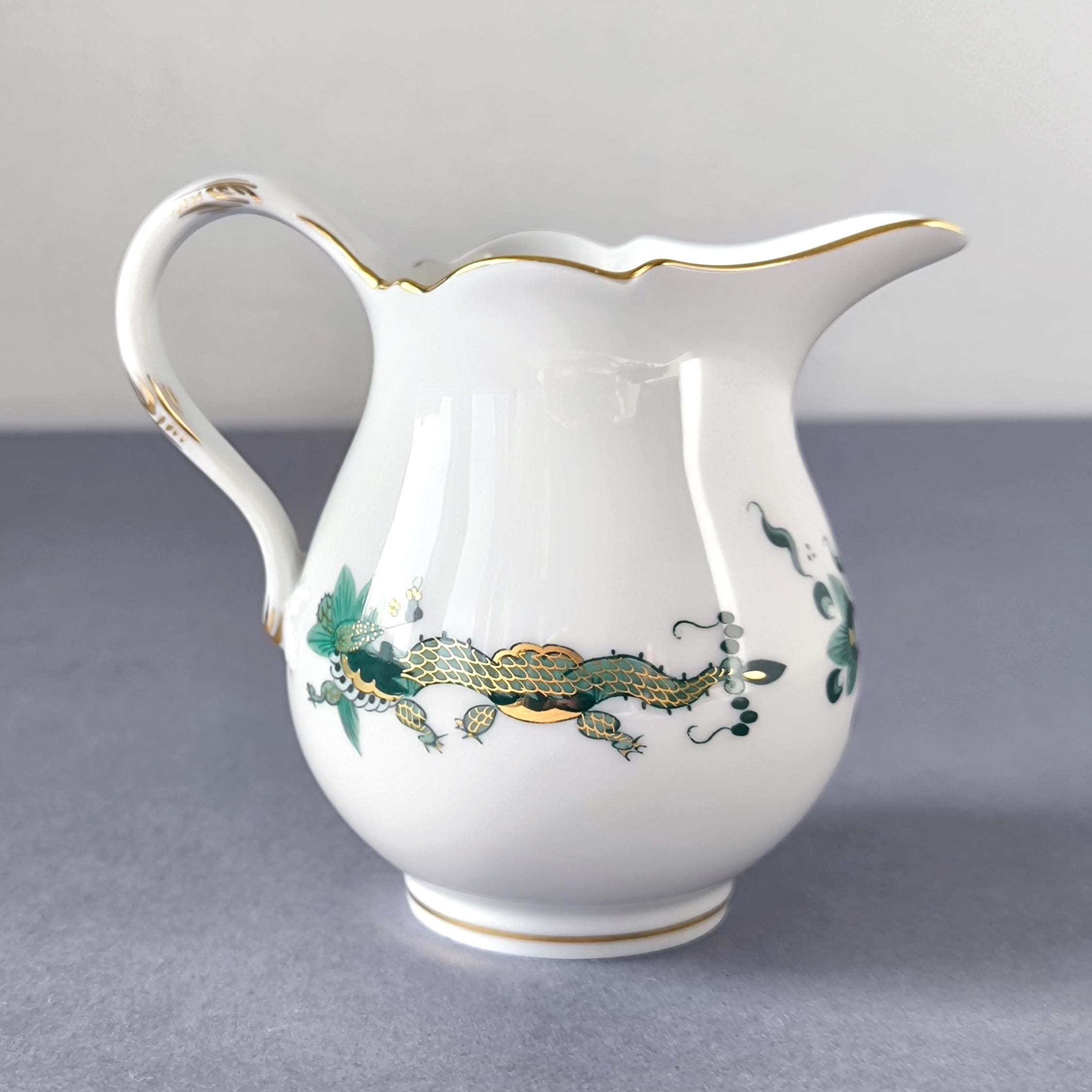 Meissen Porcelain Creamer: Hand Painted Green Dragon Design, Blue