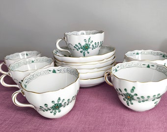 1 x Meissen Coffee Cup and Saucer - Hand Painted Porcelain with Blue Crossed Swords, Indian Flower Design, Gilded Edge - Luxury Gift
