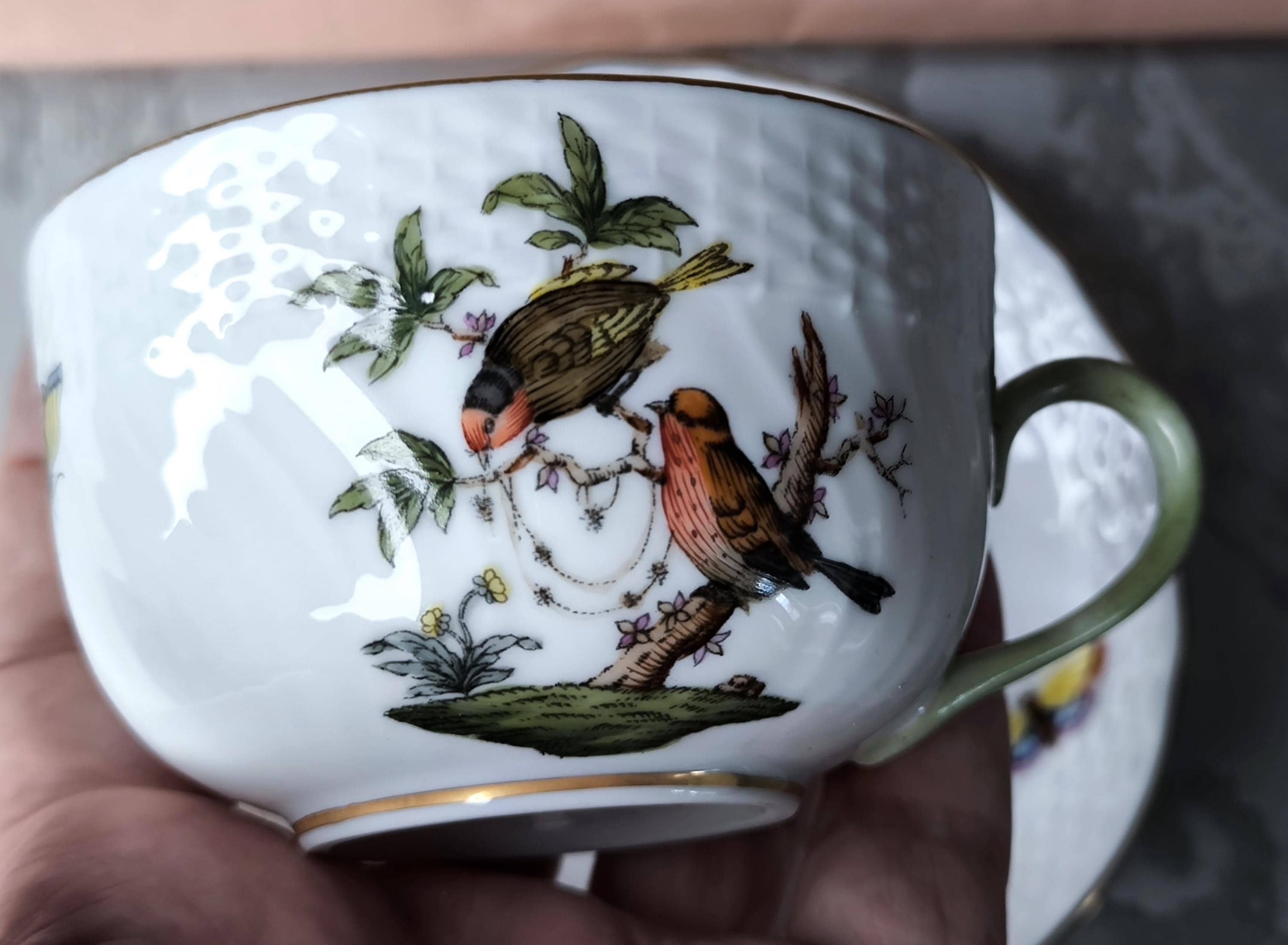 ヘレンド コーヒーカップ＆ソーサー ロスチャイルド鳥 手描き磁器