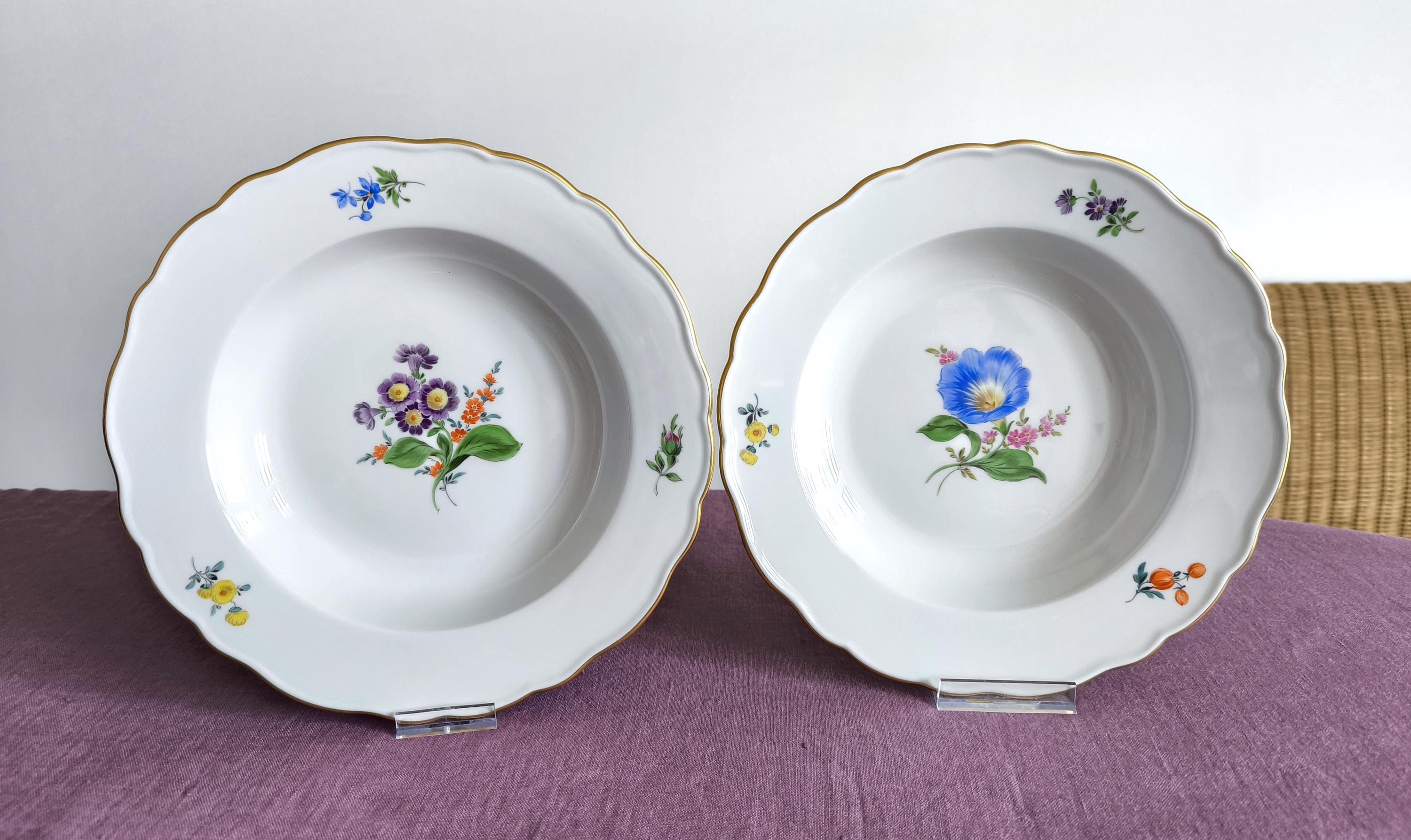 Meissen Soup Plates Set of 2 With Flowers, Gold Rim Hand Painted