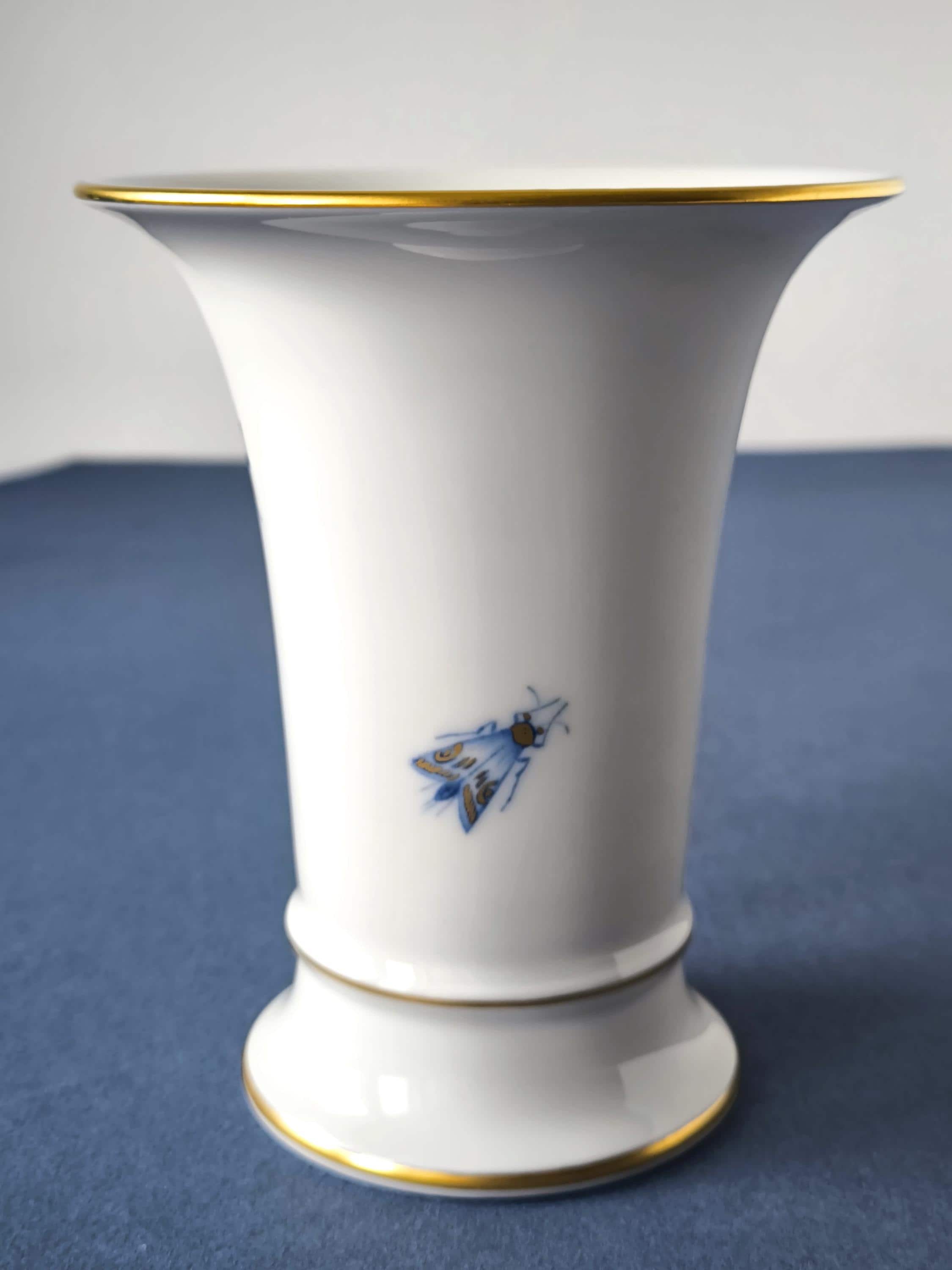 マイセンの花瓶 ブルーローズ＆インセクト 14 cm、ヴィンテージ