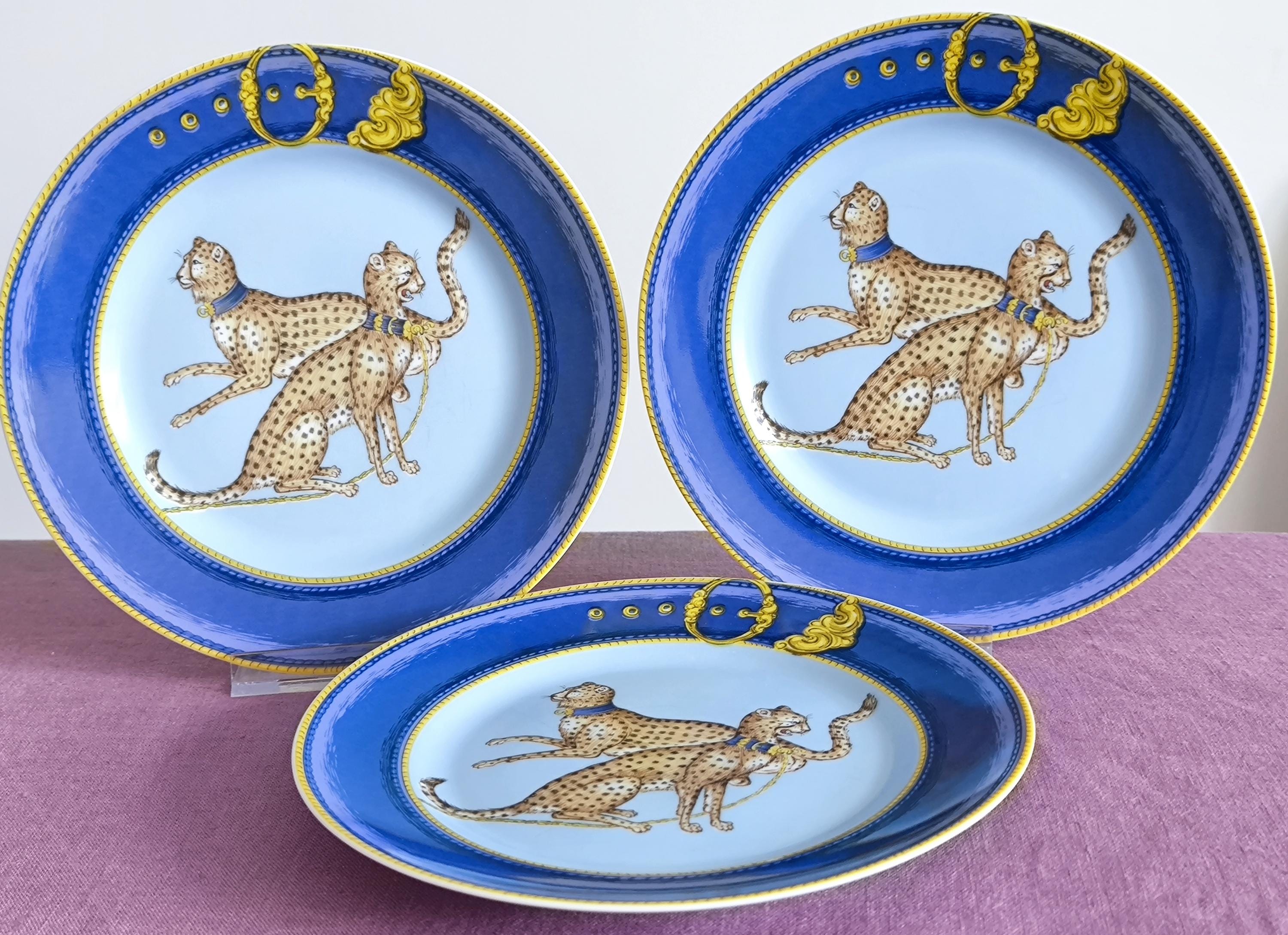 アンティーク 皿 Les Animaux Intelligents Porcelaine De Paris Limoges “chasses Royales” Cheetah Plates
