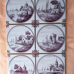 6 Vintage Delft Tiles - Dutch Pottery - Holland Ceramic Tiles Ships & Castles  Landscapes - Old Dutch Wall Tiles hand painted Delftware