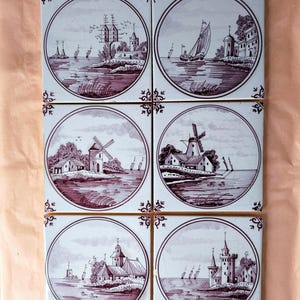 6 Vintage Delft Tiles - Dutch Pottery - Holland Ceramic Tiles Ships & Castles  Landscapes - Old Dutch Wall Tiles hand painted Delftware