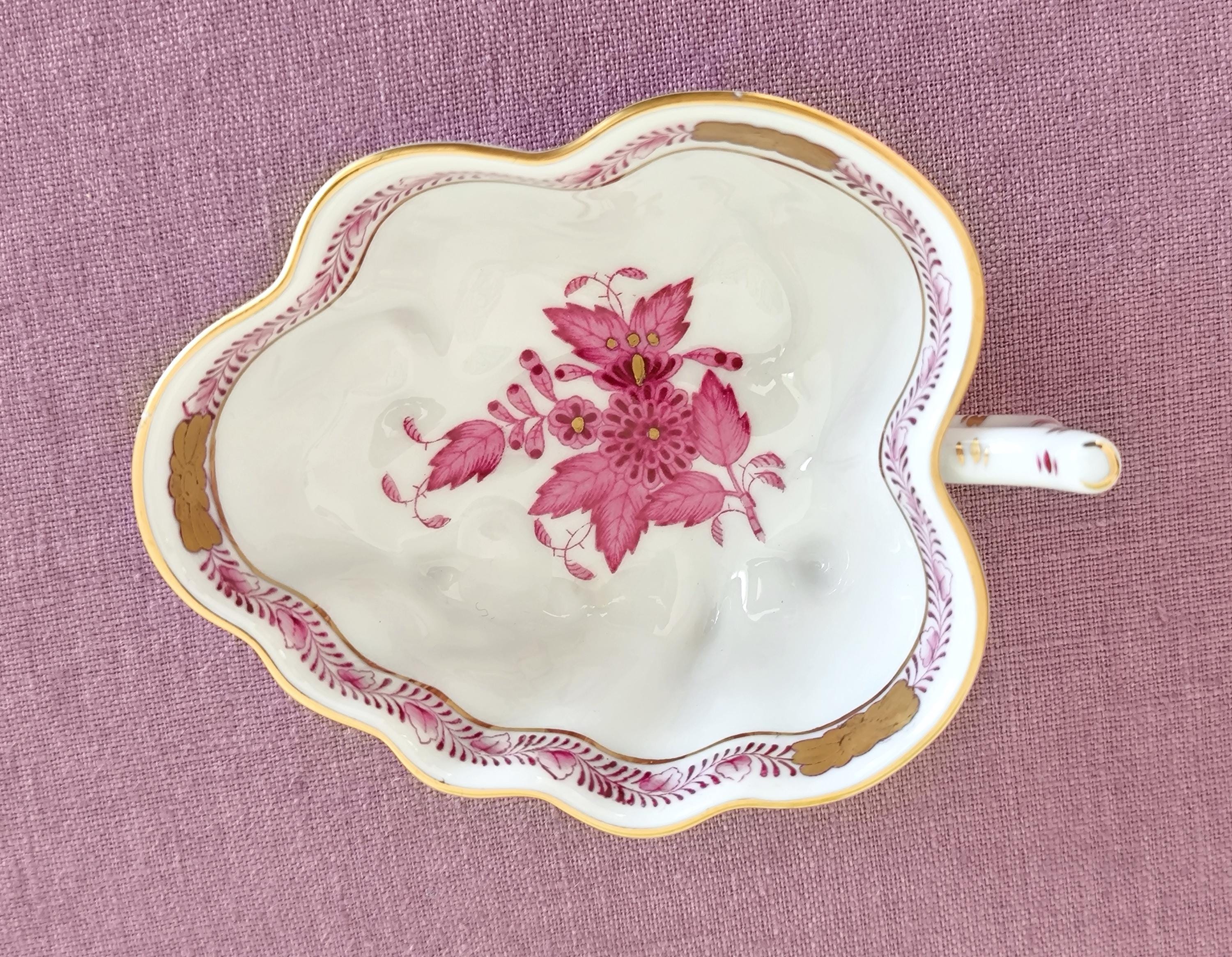 Herend Leaf Dish With Handle Apponyi Purple, Handpainted Herend