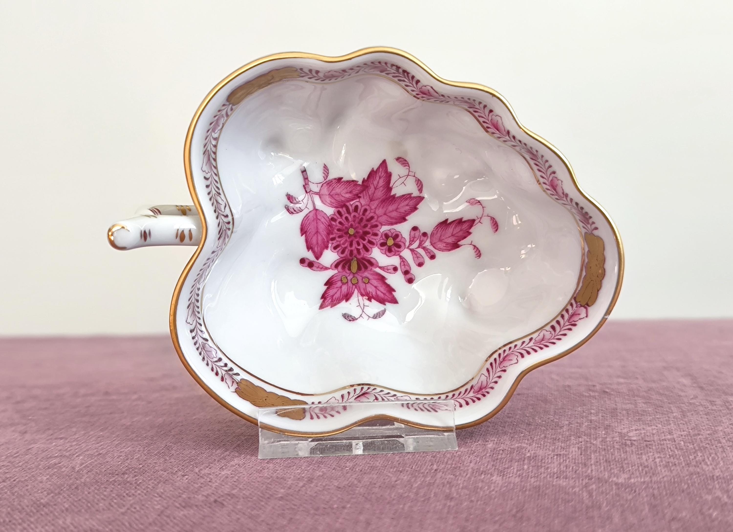 Herend Leaf Dish With Handle Apponyi Purple, Handpainted Herend