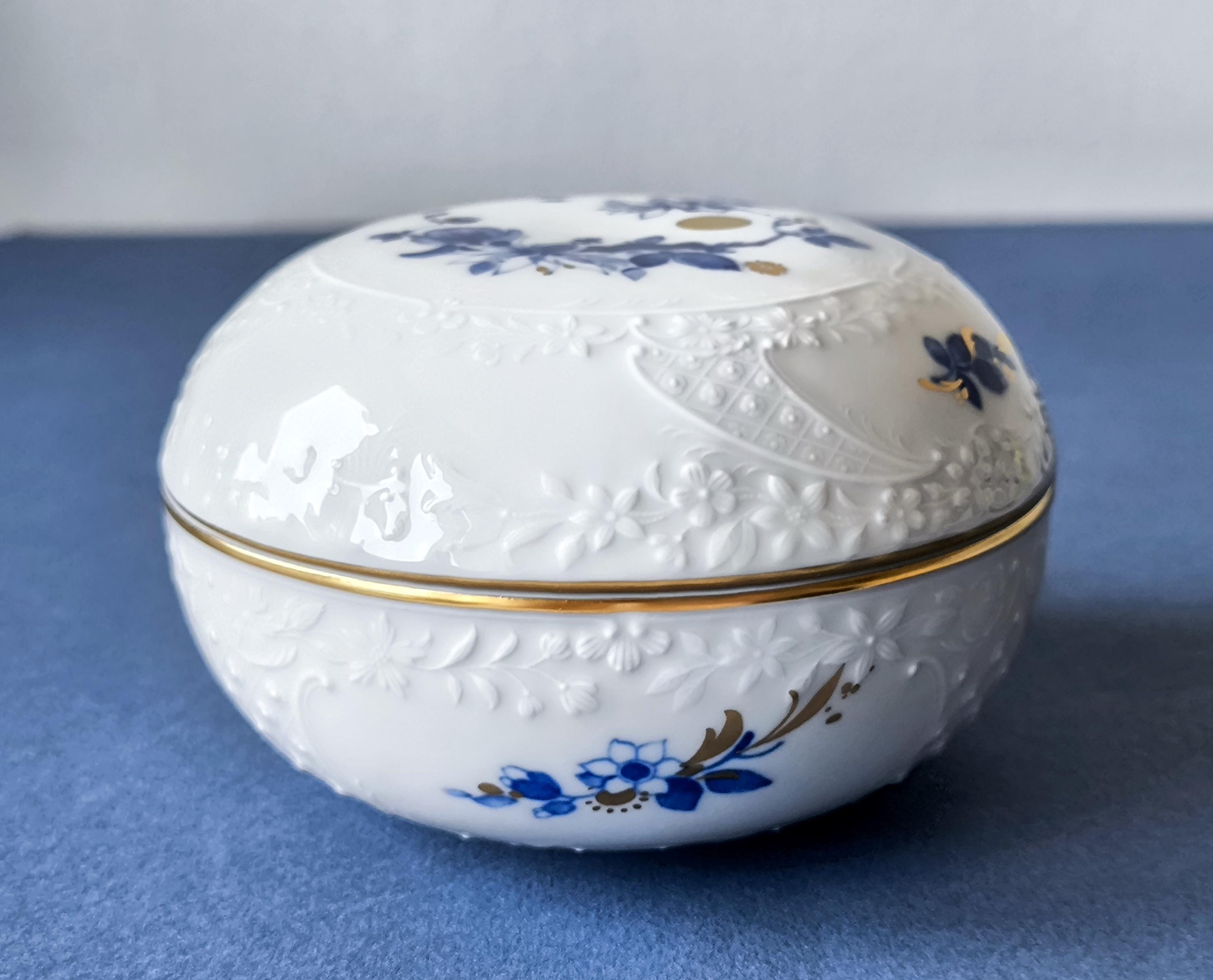 Meissen Porcelain Trinket box Blue & Gold Floral Relief - Hand Painted porcelain Meissen jewelry box Vintage German Porcelain gifts