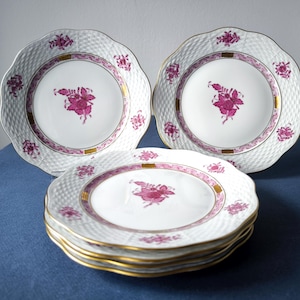 6 pcs Herend Apponyi Pink Raspberry Handpainted Plates - Herend Hungary Fine China Porcelain Plates, herend porcelain gifts 517 AP