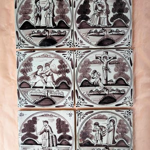 6 Antique Delft Bible Tiles c. 1780–1810, Old Dutch Wall Tiles Bible Scenes in Roundels - Dutch Pottery hand painted Delftware
