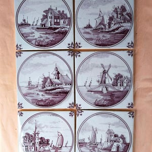 6 Vintage Delft Tiles - Dutch Pottery - Holland Ceramic Tiles Ships & Castles  Landscapes - Old Dutch Wall Tiles hand painted Delftware