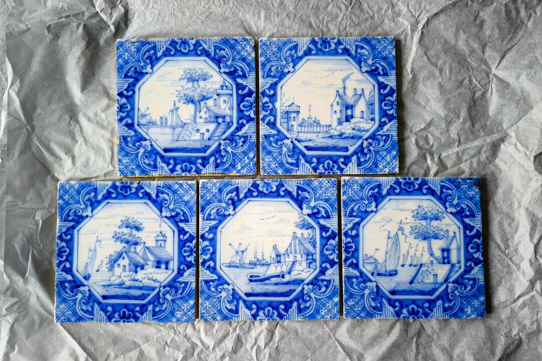 5 Antique 19th Century Delft Tiles Blue and White Tile Dutch Pottery ...